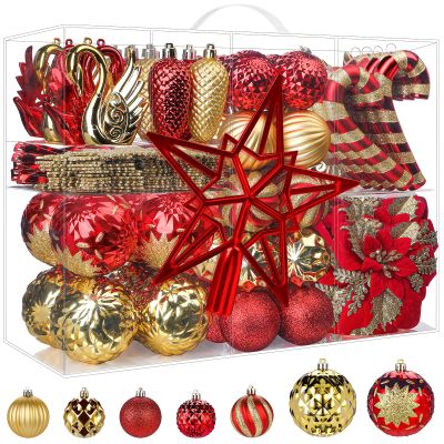 Alupssuc 128pcs Christmas Balls Ornaments Set, Shatterproof Plastic Baubles Christmas Flowers and Tree Topper for Xmas Tree Holiday Wedding Party Decorations with Hanging Strings, Red and Gold