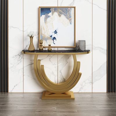 KWOKING Glam Golden Console Table Marble Stain Resistant Console Sofa Table for Hall European-style Marble Semi-circular Against the Wall Porch Table Rock Slab Entrance Desk Black 47"L x 14"W x 33"H
