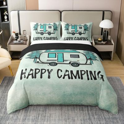 100% Cotton Kids Happy Camping Duvet Cover, Cartoon Camper Comforter Cover king Size,Retro Rustic Farmhouse Travel Car Bedding Set For Boys Girls Teens Adult, Pine Tree Bedding With 2 Pillowcases