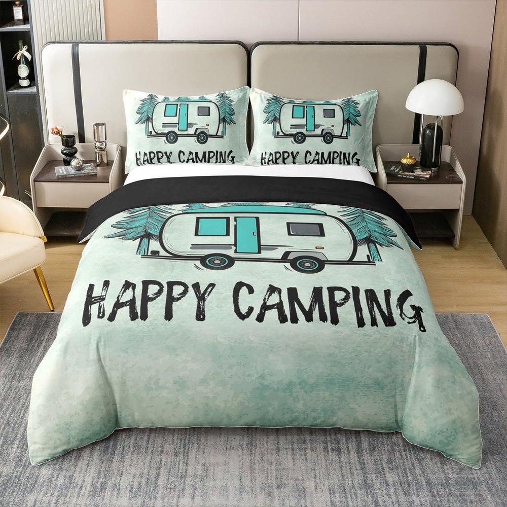 100% Cotton Kids Happy Camping Duvet Cover, Cartoon Camper Comforter Cover king Size,Retro Rustic Farmhouse Travel Car Bedding Set For Boys Girls Teens Adult, Pine Tree Bedding With 2 Pillowcases