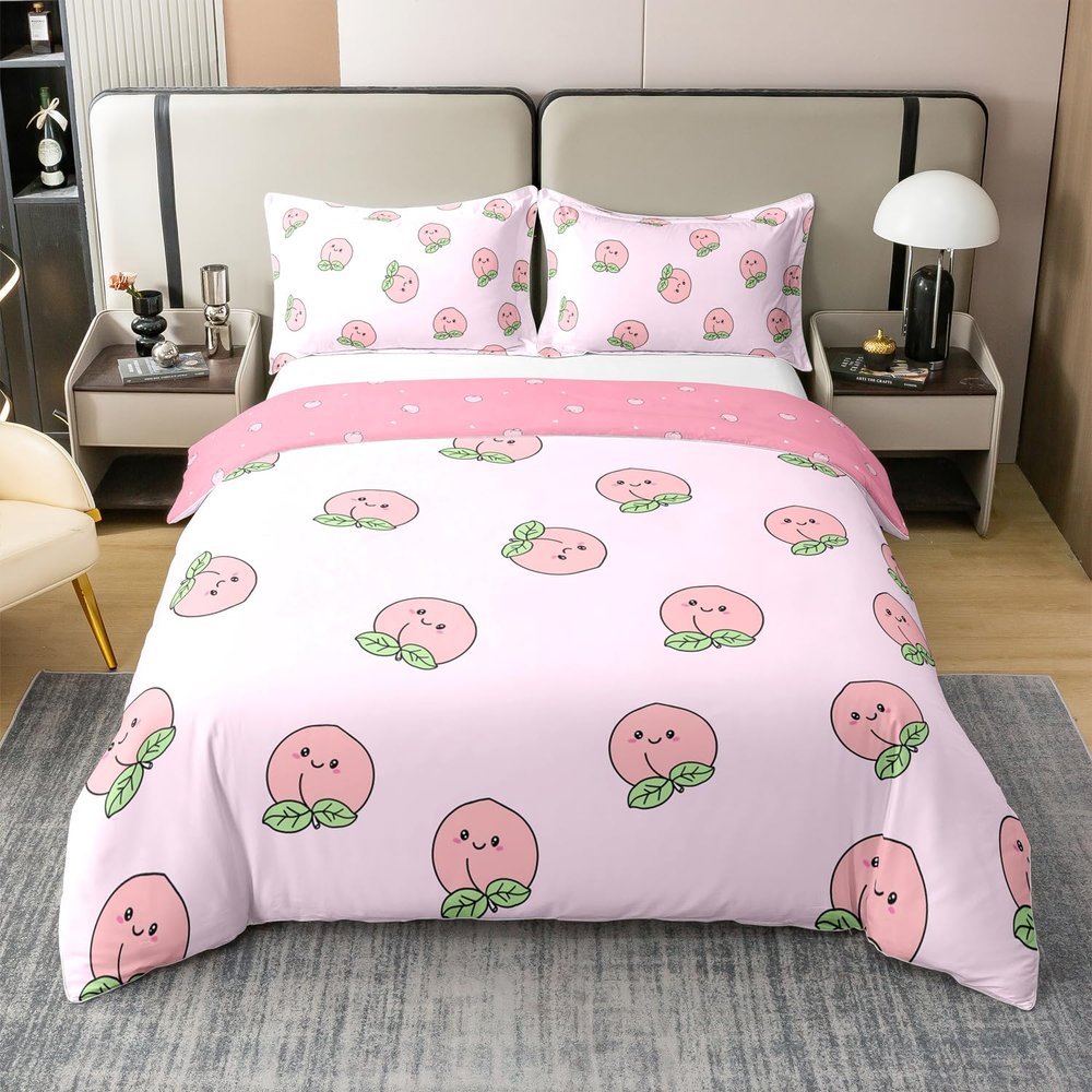 100% Natural Cotton Cartoon Duvet Cover king Size Pink Peach Bedding Set Kid Kawaii Comforter Cover Girl Lovely Peach Quilt Cover Cute Fruits Tropical Plant Bedding Reversible Soft Room Decor