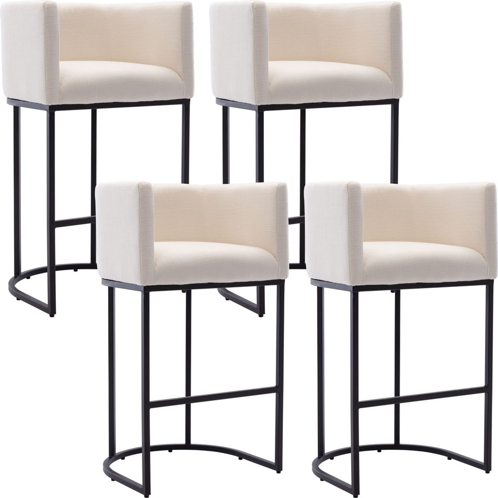 BESTANO Modern Counter Height Linen Upholstered Bar Stools Set of 4, 32" Kitchen Counter Island Stools Bar Chairs with Black Metal Frame for Kitchen Island, Cream