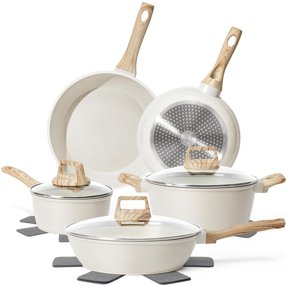 SODAY 12 Pcs Pots and Pans Set Non Stick, Cookware Sets White Granite Induction Cookware, Non-toxic Healthy Nonstick Kitchen Cooking Set with Frying Pan Set, Saucepans (PFAS/PFOA/PFOS Free)