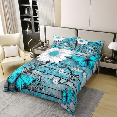 100% Natural Cotton Butterfly Bedding Sets For Girls Teens Women Bedroom Rustic Flower Duvet Cover,Blue Butterflies White Chic Floral Comforter Cover Retro Vintage Romantic Style Quilt Cover Full