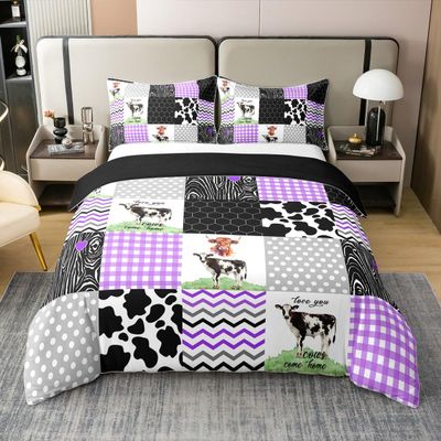 100% Cotton Cute Cow Print Duvet Cover Queen Size Kawaii Highland Cow Bedding Set Bedroom Decor Honeycomb Plaid Pattern Geometric Stripes Comforter Cover Farm Animals Bedding, Purple Black Grey