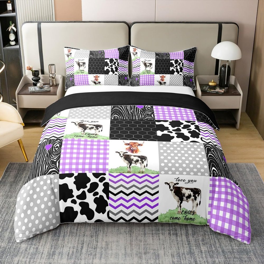 100% Cotton Cute Cow Print Duvet Cover Queen Size Kawaii Highland Cow Bedding Set Bedroom Decor Honeycomb Plaid Pattern Geometric Stripes Comforter Cover Farm Animals Bedding, Purple Black Grey
