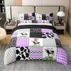 100% Cotton Cute Cow Print Duvet Cover Queen Size Kawaii Highland Cow Bedding Set Bedroom Decor Honeycomb Plaid Pattern Geometric Stripes Comforter Cover Farm Animals Bedding, Purple Black Grey view 1