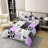 100% Cotton Cute Cow Print Duvet Cover Queen Size Kawaii Highland Cow Bedding Set Bedroom Decor Honeycomb Plaid Pattern Geometric Stripes Comforter Cover Farm Animals Bedding, Purple Black Grey view 2
