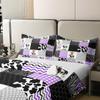 100% Cotton Cute Cow Print Duvet Cover Queen Size Kawaii Highland Cow Bedding Set Bedroom Decor Honeycomb Plaid Pattern Geometric Stripes Comforter Cover Farm Animals Bedding, Purple Black Grey view 4