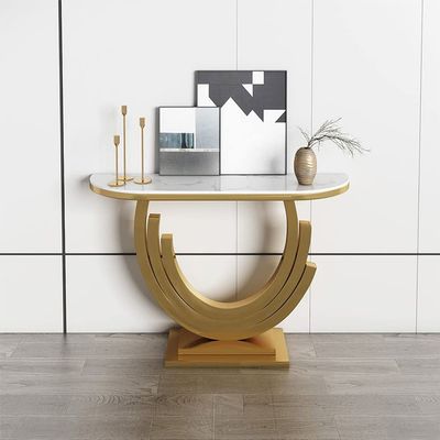 KWOKING Glam Golden Console Table Marble Stain Resistant Console Sofa Table for Hall European-style Marble Semi-circular Against the Wall Porch Table Rock Slab Entrance Desk White 47"L x 14"W x 33"H