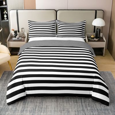 100% Cotton Striped Duvet Cover Black White Stripe Bedding Set Twin Kids Women Men Farmhouse Ticking Stripes Comforter Cover Modern Geometric Lines Adults Abstract Gothic Home Decor Reversible