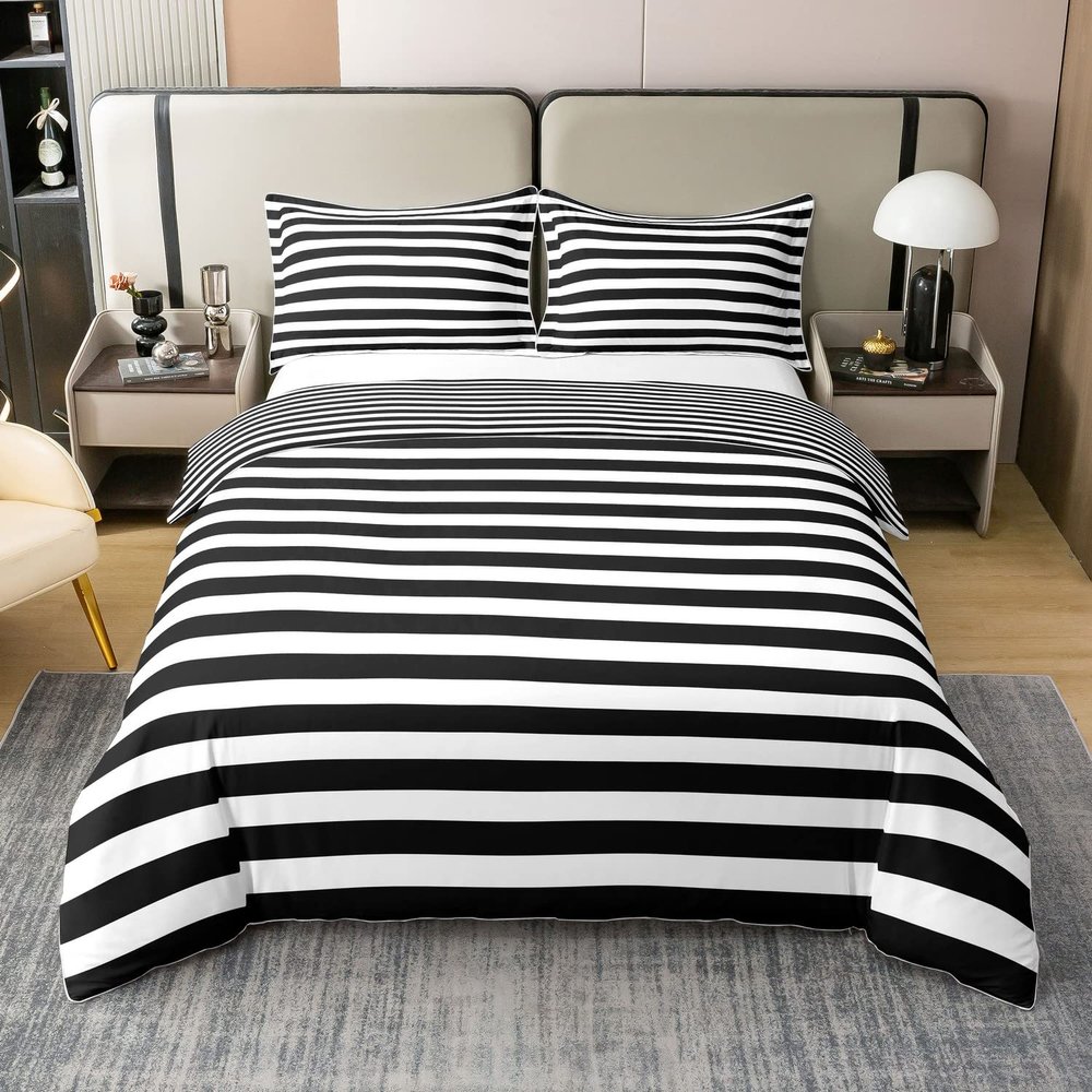 100% Cotton Striped Duvet Cover Black White Stripe Bedding Set Twin Kids Women Men Farmhouse Ticking Stripes Comforter Cover Modern Geometric Lines Adults Abstract Gothic Home Decor Reversible