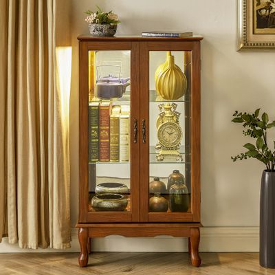 HomVent Lighted Curio Cabinet, Glass Display Cabinet Display Case Storage Showcase with Adjustable Shelves, Mirrored Back Panel  Tempered Glass Doors for Living Room Hallway