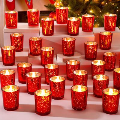 50 Pcs Votive Candle Holders Bulk Glass Votive Candle Holder Tealight Candle Holder Wedding Centerpiece for Table Home Birthday Anniversary Bridal Shower Party Decoration Reception (Red)