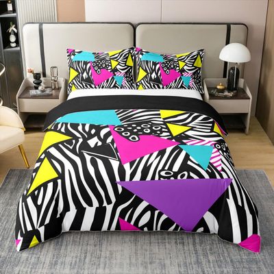 100% Cotton 80S 90S Fashion Style Bedding Set Twin,Retro Memphis Style Pattern with Geometrical Shapes Duvet Cover for Kids Child,Funky Hipster Old Fashioned Comforter Cover Geometric Bedroom Decor