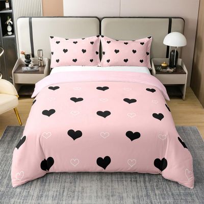 100% Cotton Girls Comforter Cover Full Size Cute Heart Pattern Duvet Cover Lovely Pink Black Bedding Set Cartoon Geometric Soft Quilt Cover Girly Bedroom Decor Gift Modern Bedspread Cover
