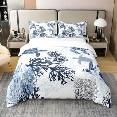 100% Cotton Turtle Duvet Cover Twin, White Blue Sea Turtle Bedding Set for Kids Girls Boys, Nautical Coastal Reptile Tortoise Comforter Cover, Ocean Beach Sea Animal Turtle Summer Quilt Cover
