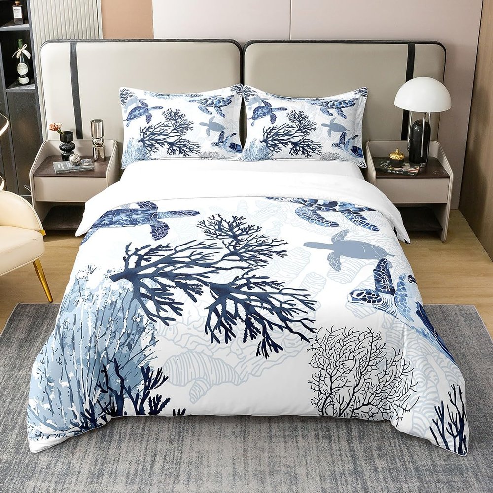 100% Cotton Turtle Duvet Cover Twin, White Blue Sea Turtle Bedding Set for Kids Girls Boys, Nautical Coastal Reptile Tortoise Comforter Cover, Ocean Beach Sea Animal Turtle Summer Quilt Cover