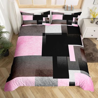 Geometric Bedding Set Twin Kids Pink Grey Black Buffalo Check Comforter Cover Set for Boys Teens Modern Abstract Duvet Cover Breathable Stripe Line Geometric Bedspread Cover Room Decor Quilt Cover