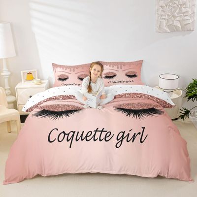 Erosebridal Eyelash Duvet Cover Twin Gorgeous Makeup Girly Bedding Set for Girls Women Rose Gold Bedroom Decor,Glitter Sequins Stars Comforter Cover Stylish Fashion Quilt Cover 1 Pillow Case