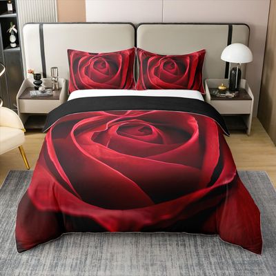 100% Natural Cotton Rose Bedding Set Red Rose Comforter Cover Romantic Theme Duvet Cover Valentine's Day Print Bedspread Cover 1 Duvet Cover with 2 Pillow Cases Queen Size Red