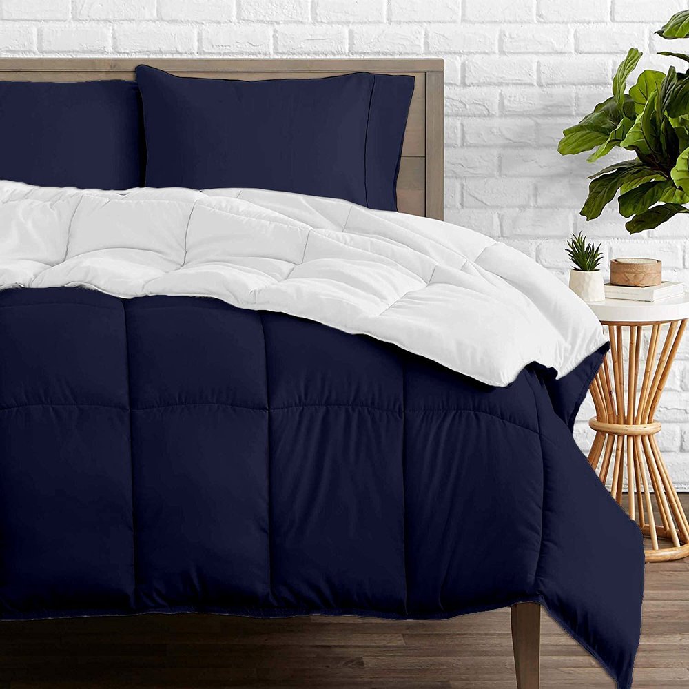 Reversible Comforter 1-Piece Super King 108" x 98" 100% Organic Cotton, All-Season Down Alternative, Ultra-Soft Hotel-Quality Bedding with 7 Corner Tabs, Box-Stitched, 500 GSM (White & Navy Blue)