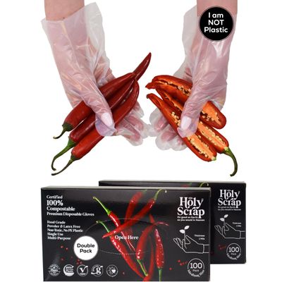 HOLY SCRAP! 100% Compostable Gloves MEDIUM - 200 Pack - Disposable Powder and Latex Free Gloves for Food Preparation, Cooking, Cleaning, Non-Toxic, Eco Friendly - BPI Certified, OK Compost Home
