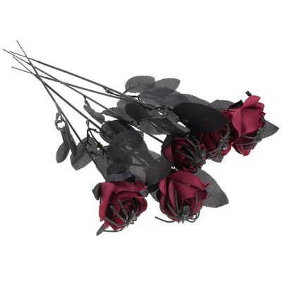 NOLITOY 5pcs Simulated Dark Red Rose Flower Decoration Halloween Prop 16 Inch Creepy Spider Fake Flower for Party Home Decor