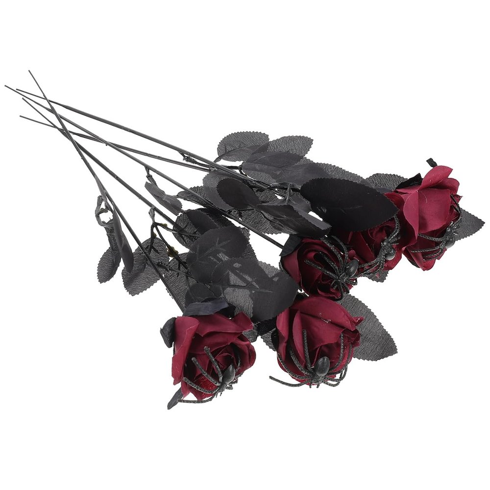 NOLITOY 5pcs Simulated Dark Red Rose Flower Decoration Halloween Prop 16 Inch Creepy Spider Fake Flower for Party Home Decor