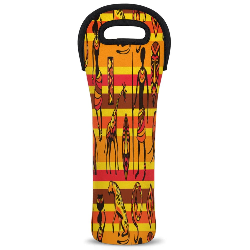 African Ethnic People Animals Pattern Wine Carrier Tote Bag 750ML Insulated Neoprene Wine Bag Tote Holder Covers Beer Champagne Bottle Protective Travel Or Gift Bag
