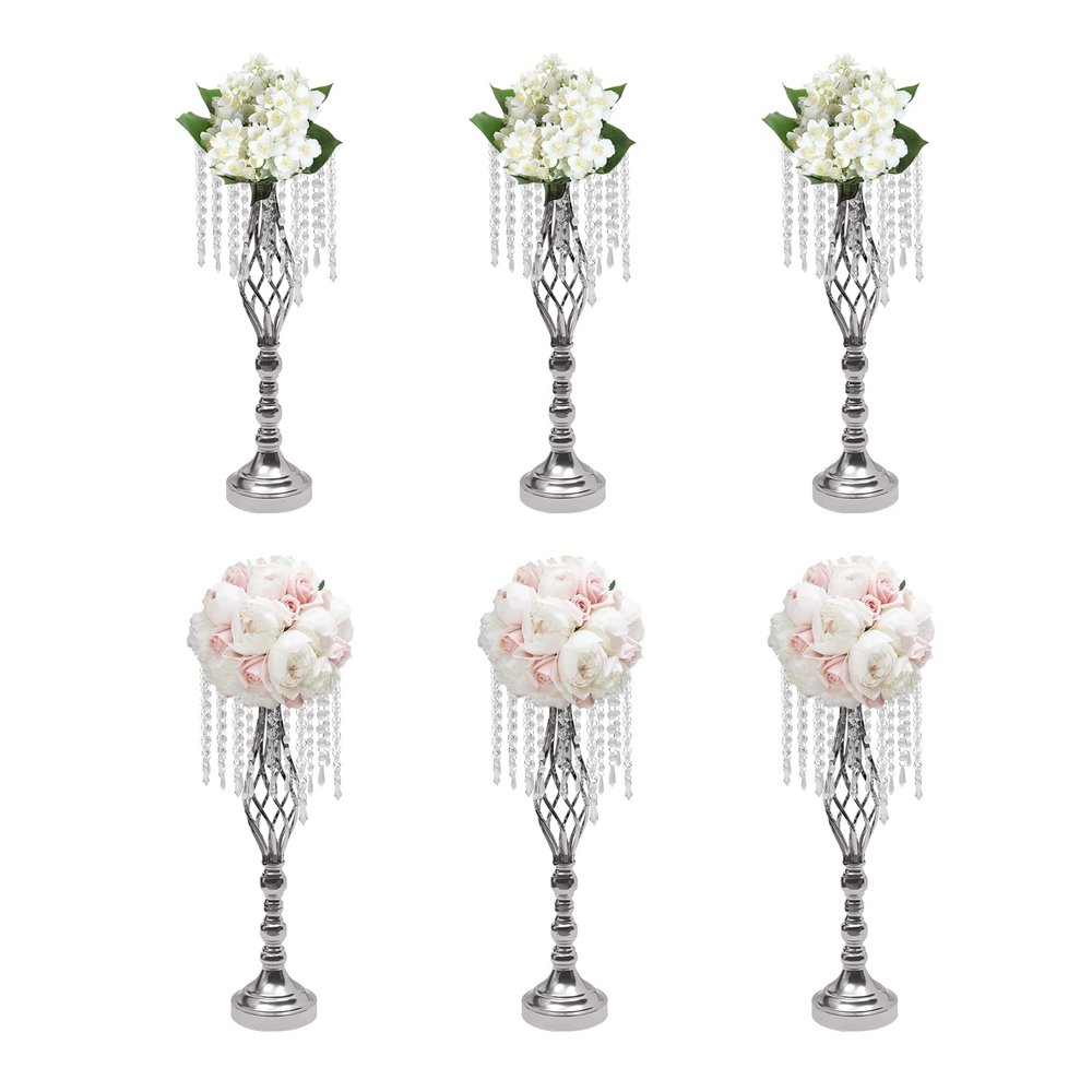 DYNAMI Wedding Centerpieces for Tables,6 Pcs Silver Metal Flower Vases Crystal Flower Stand for Reception Tables Wedding Supplies,Tall Flower Holders for Event, Birthday, Home Decoration(21.7in Tall)