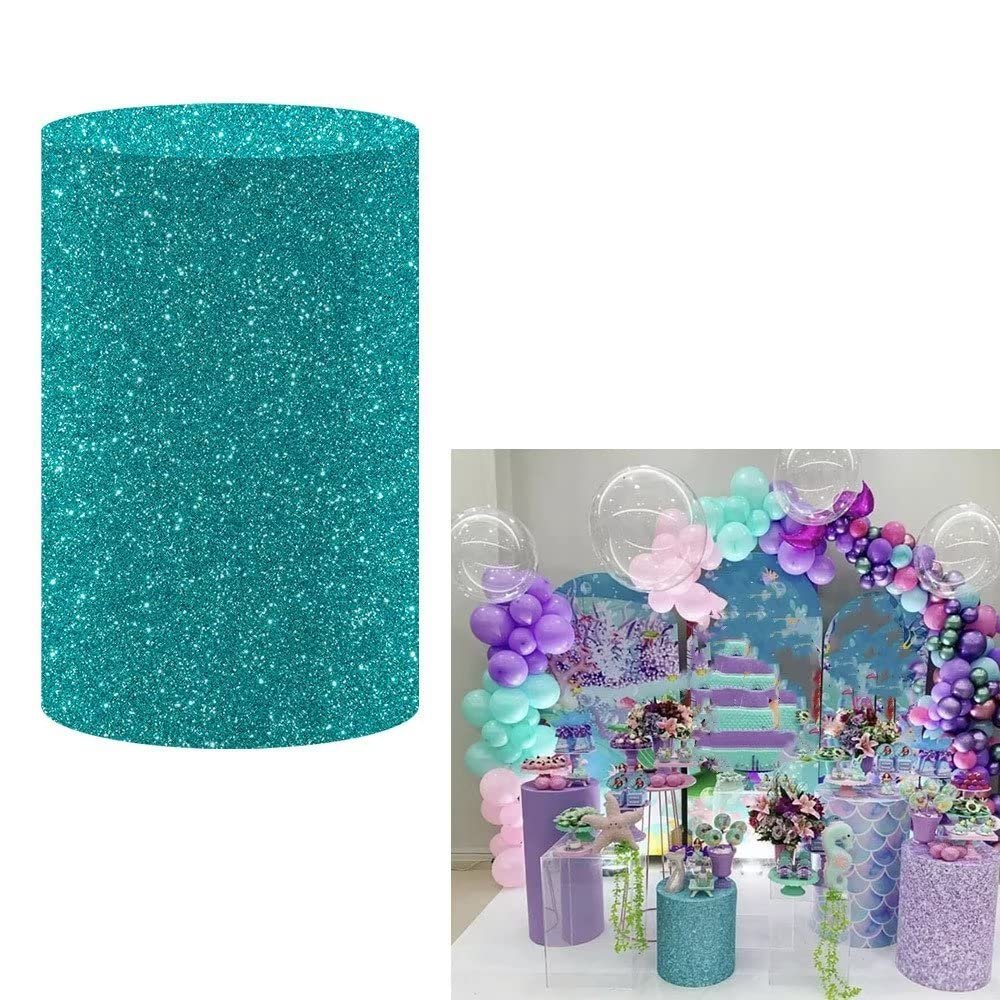 afoloa Sea Blue Glitter Cylinder Plinth Cover, 11.8 Inch Diameter, Round, for Mermaid Underwater Theme Parties, Baby Showers & Birthday Decor