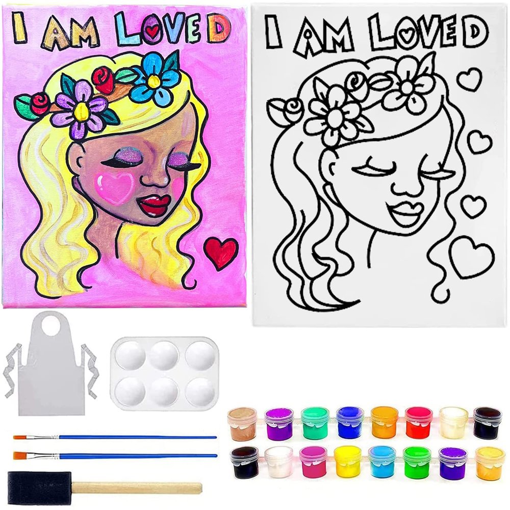 Indigo Art Studio Pre Drawn Canvas Paint Kit for Adults Kids | Art Activity | I AM LOVED Retro Wall Art | Birthday Gift & Sip and Paint With Twist Party Favor (11x14 Inches)