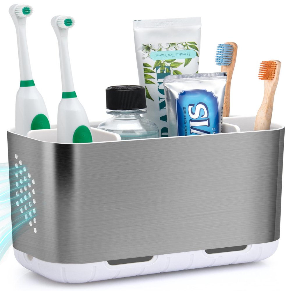 LAFARA Toothbrush Holders for Bathroom Organizer Countertop, Detachable Anti-Slip Large Electric Toothbrush Holders, Brushed Nickel Toothbrush and Toothpaste Storage Caddy Drainage for Family, Kids