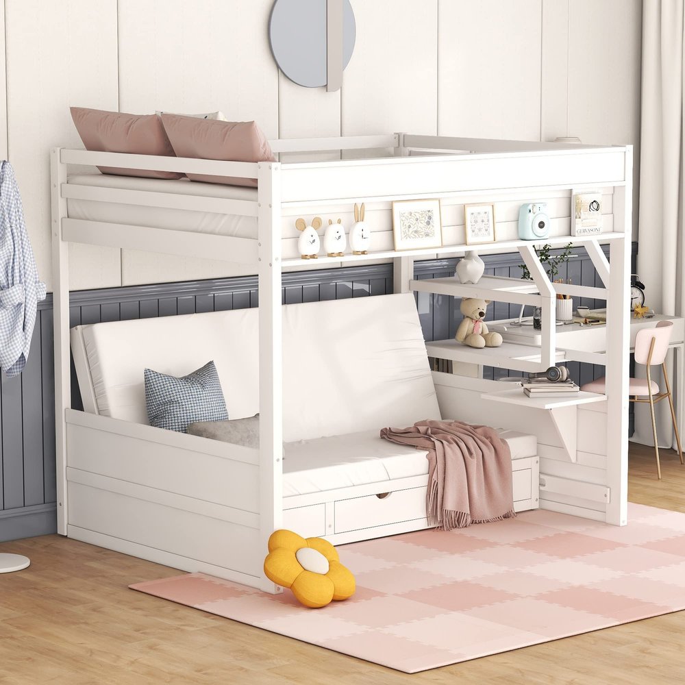 CJLMN Convertible Bunk Bed Daybed, Wood Full Bed Frame with Bedside Table, 3 Drawers, Built-in Shelves and Storage Staircase, Kids Adults Bedroom Furniture Multifunctionl Bed Storage Bed (White Bed)