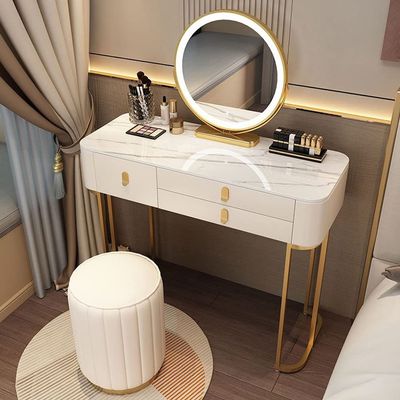 KWOKING Lighted Mirror Vanity Dressing Table Makeup Vanity with 3 Drawers Rock Slab Dressing Table Makeup Table Storage Cabinet Vanity White Vanity with Mirror + Backless Stool 39" L x 16" W x 30" H