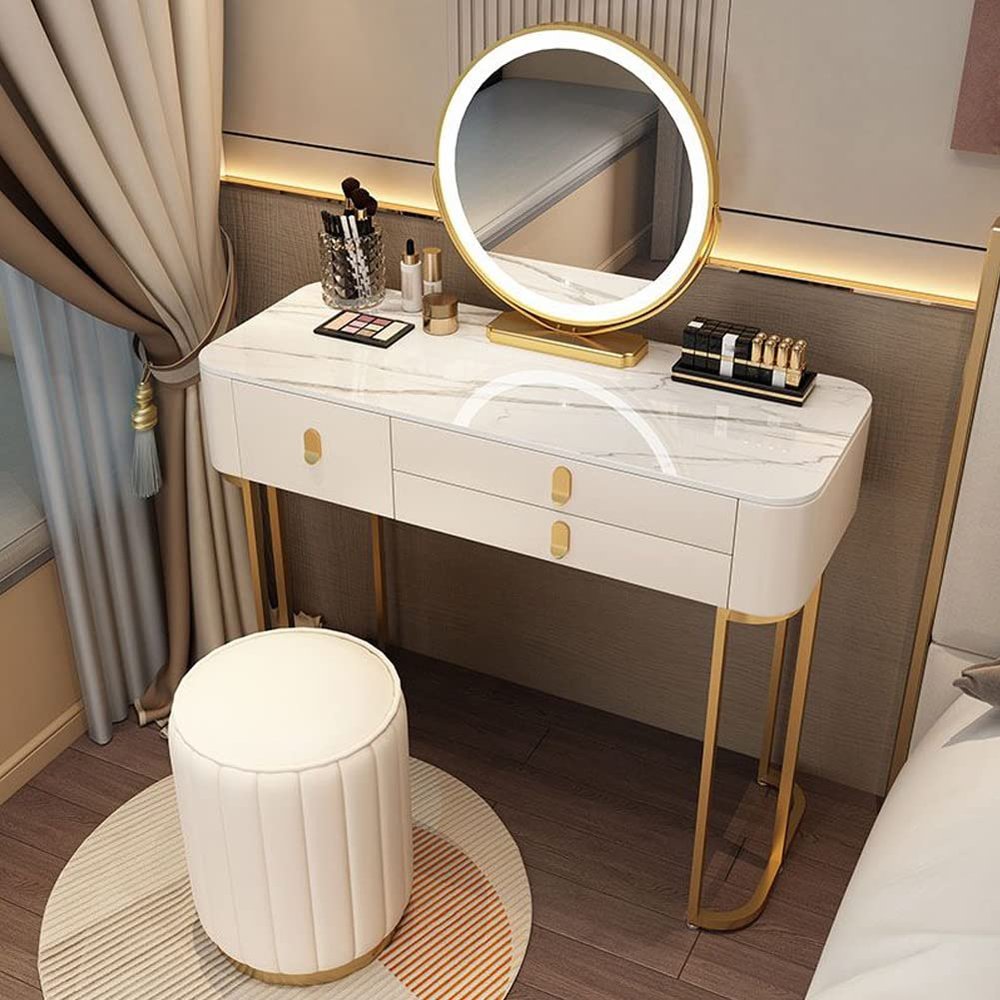 KWOKING Lighted Mirror Vanity Dressing Table Makeup Vanity with 3 Drawers Rock Slab Dressing Table Makeup Table Storage Cabinet Vanity White Vanity with Mirror + Backless Stool 39" L x 16" W x 30" H