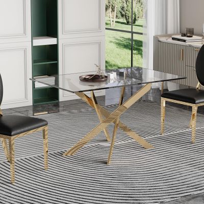 SSLine Luxury Glass Dining Table with Gold Pedestal Base Modern Kitchen Dining Room Table for 4-6 Rectangular 51" Clear Glass Top Dinner Table w/Mirror Stainless Steel Legs