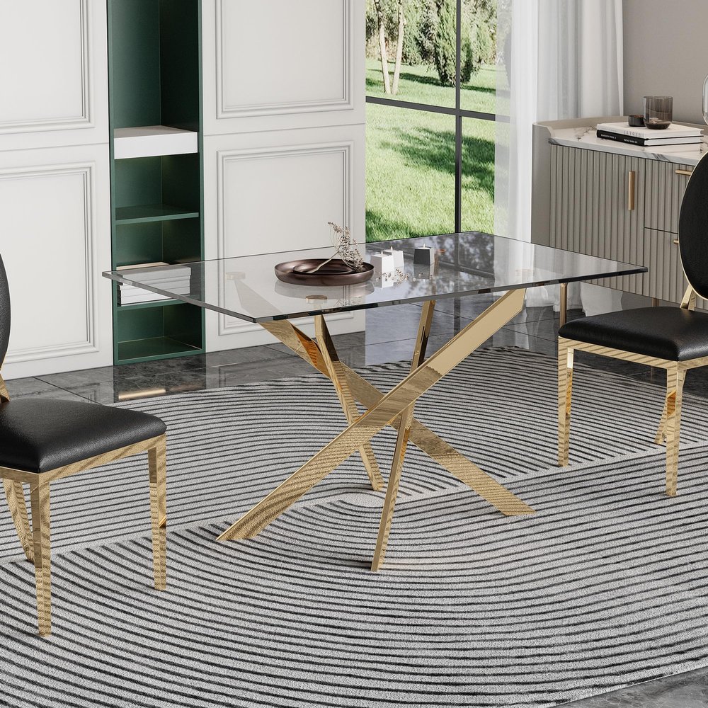 SSLine Luxury Glass Dining Table with Gold Pedestal Base Modern Kitchen Dining Room Table for 4-6 Rectangular 51" Clear Glass Top Dinner Table w/Mirror Stainless Steel Legs