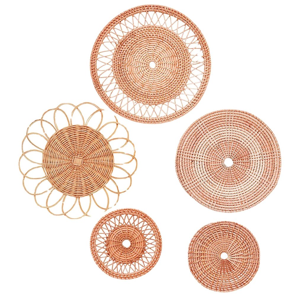 BEIJIALY Hanging Wall Basket Decor Round Boho Wall Decor, Woven Wall Basket Set of 5, Rattan Flat Baskets Rattan Wall Decor, Decorative Hanging Woven Wall Baskets Set