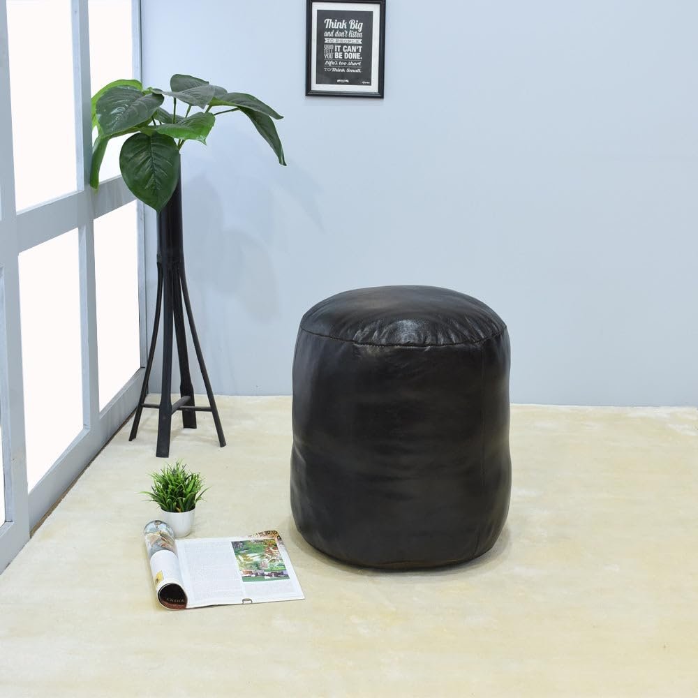 BBHHOMES Handmade Eco-Friendly Solid Leather Pouf Chocolate Brown Color Round 16" x 16" x 16" Goat Leather Pouf for Living Room, Bedroom Seating, Patio