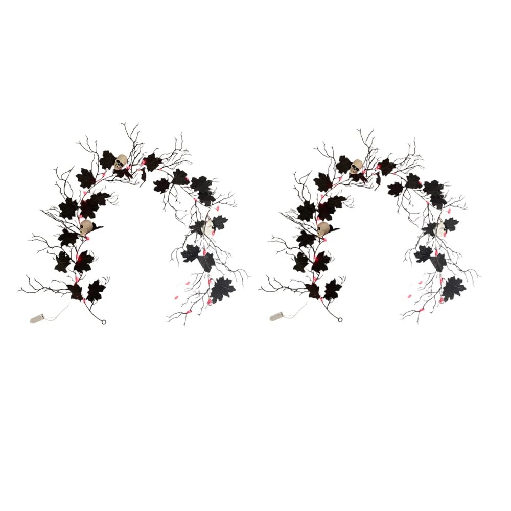 Lighted Halloween Garland, 2 pcs Dead Branches Garland with Skull Ornament, 6.2 FT Glowing Black Branch Garland, Black Garland for Fall Halloween Party Decoration