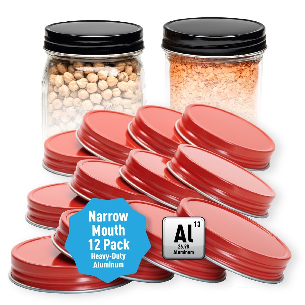 AllSpice Rust-Proof Narrow Mouth Aluminum Metal Mason Jar Lids Leak-Proof 12-Pack (Red Narrow)