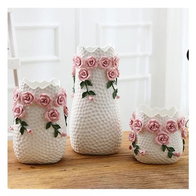 Dry flower arrangement Vase Rural style wave pattern bottle mouth large-caliber flower arrangement handmade rose ceramic vase home decoration living room bedroom vase decoration (3 piece set) Flower V