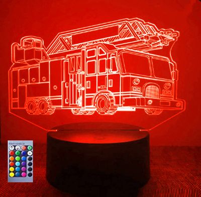 Jinnwell 3D Fire engine truck Night Light Lamp Illusion 16 Color Changing Table Desk Decoration Lamps Gift with Acrylic Flat ABS Base USB Cable Toy