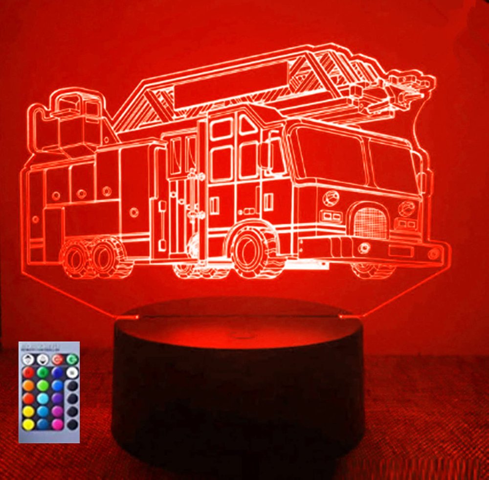 Jinnwell 3D Fire engine truck Night Light Lamp Illusion 16 Color Changing Table Desk Decoration Lamps Gift with Acrylic Flat ABS Base USB Cable Toy