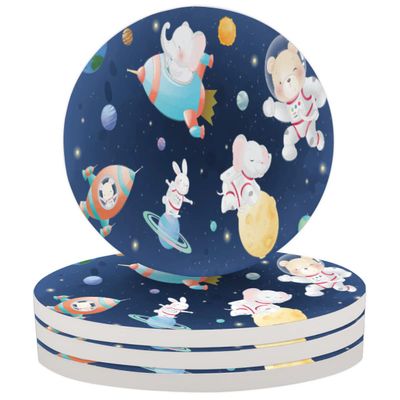 Animals Galaxy Space Ceramic Round Coasters Set of 4 - Absorbent Drink Coasters for Coffee Mugs Wine Glasses Cups, Non-Scratch Place Mats for Kitchen Bar Counter Dining Office Table Decor