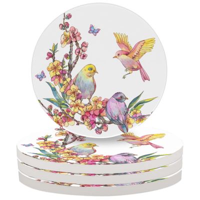 Colorful Sparrows Ceramic Round Coasters Set of 4 - Absorbent Drink Coasters for Coffee Mugs Wine Glasses Cups, Non-Scratch Place Mats for Kitchen Bar Counter Dining Office Table Decor