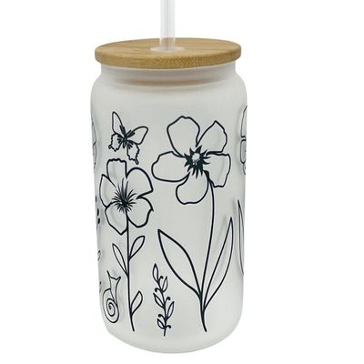 16oz Frosted Glass With Bamboo Lid and Plastic Straw - Floral Design (Black Floral#1, 16oz)