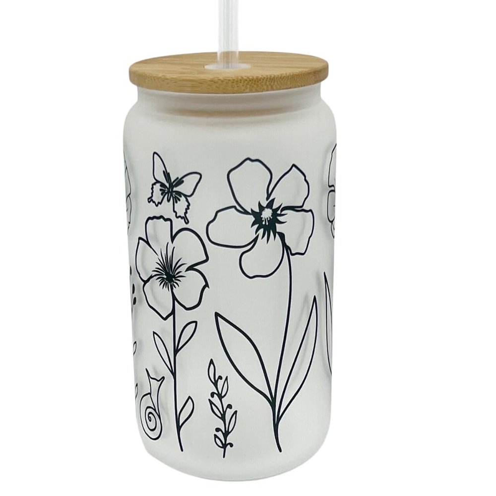 16oz Frosted Glass With Bamboo Lid and Plastic Straw - Floral Design (Black Floral#1, 16oz)